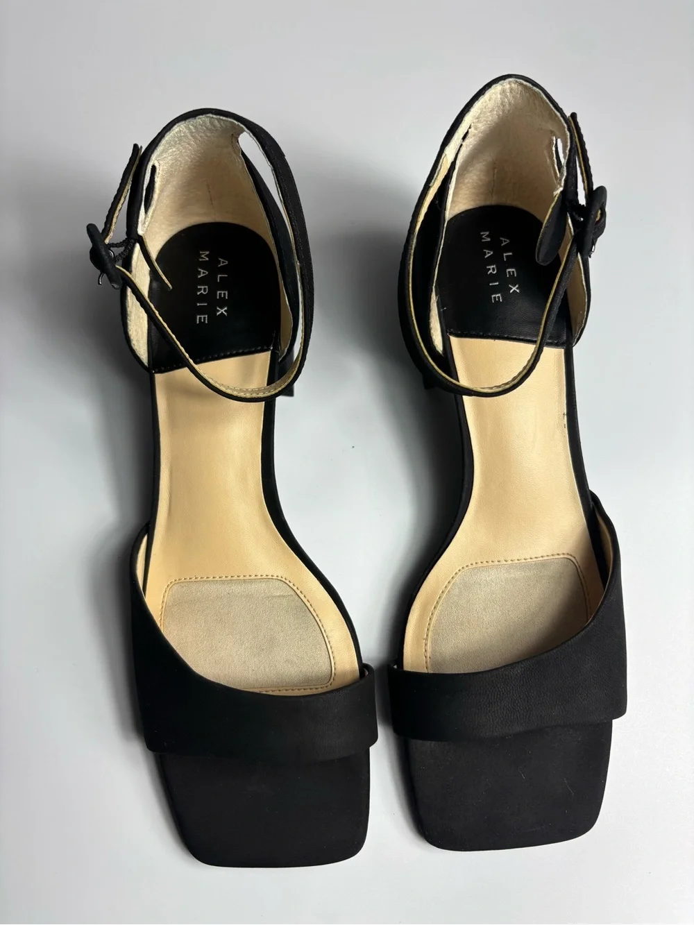 Alex Marie Black Nubuck Open Square Toe Block Heels Ankle Strap Women Size 9M
